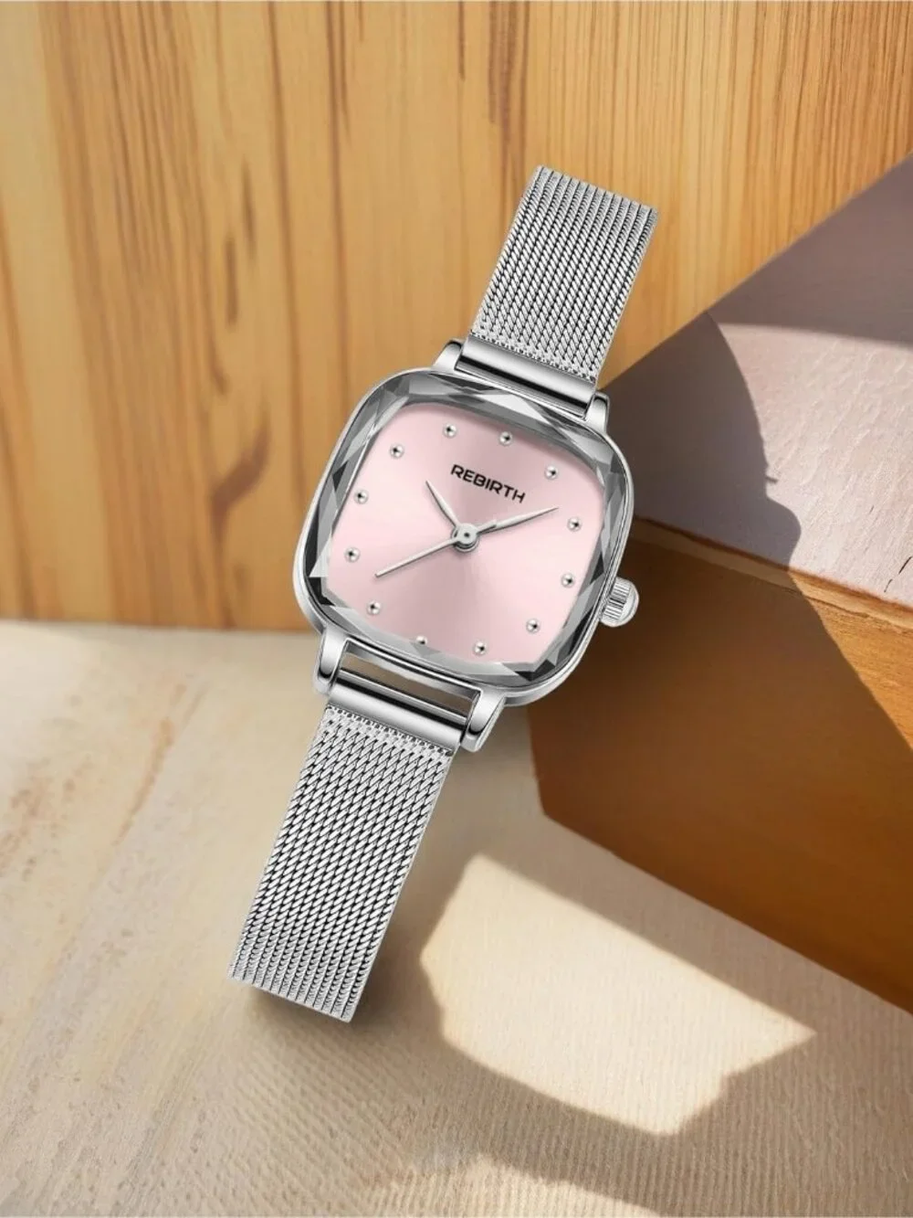 Women's Silver Pink Square Minimalist Dial Mesh Band Crystal Case Wrist Watch